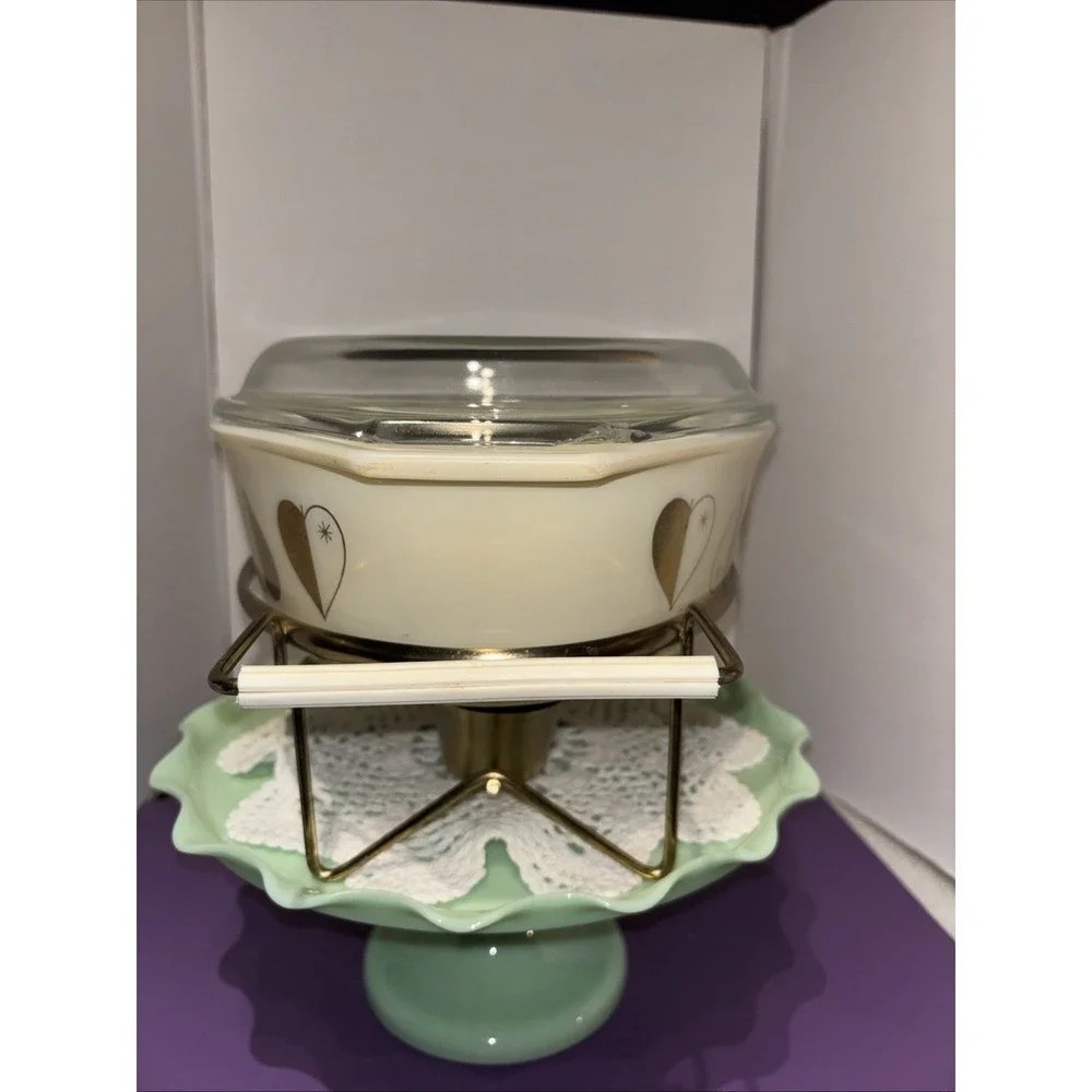 Vintage PYREX Golden Hearts‎ Promotional Casserole 045 2 1/2 Qt W/ Candle Warmer